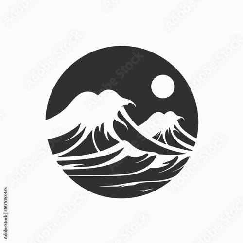 Stylized ocean waves with moon, a striking monochrome vector silhouette