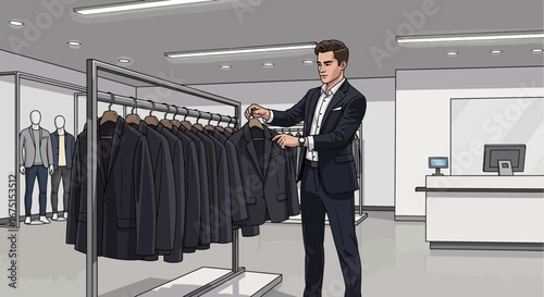 An Elegant Man in a Stylish Suit Choosing Clothes in a Fashion Store