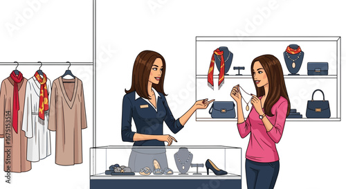 Animated scene showcasing a customer in discussion with a boutique seller