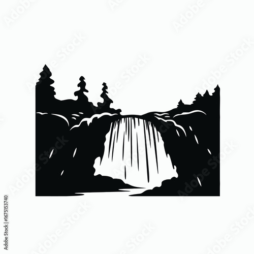 Majestic waterfall cascading through forest landscape in striking monochrome silhouette