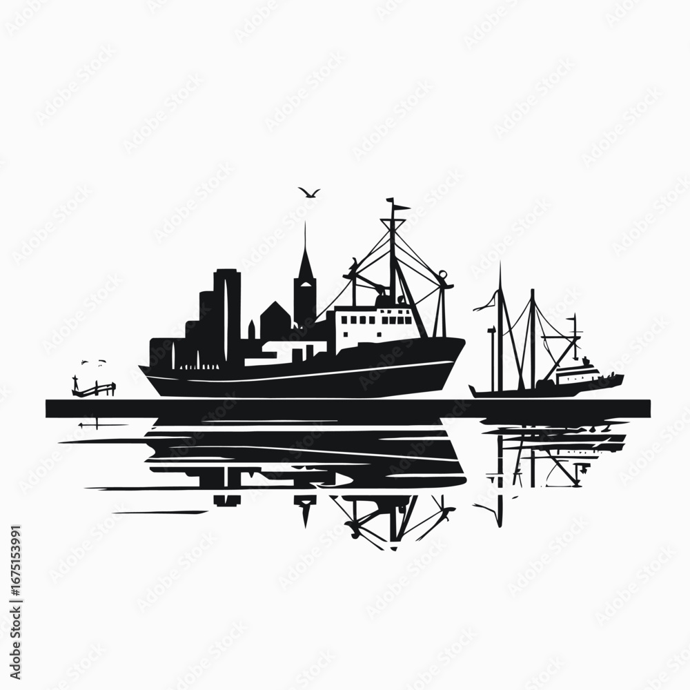 Fototapeta premium Nautical seascape featuring fishing boats with a reflective water, a monochrome silhouette