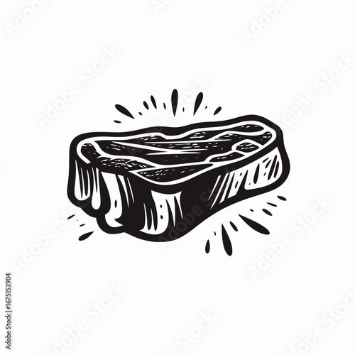 Bold linocut style steak drawing in graphic black and white silhouette