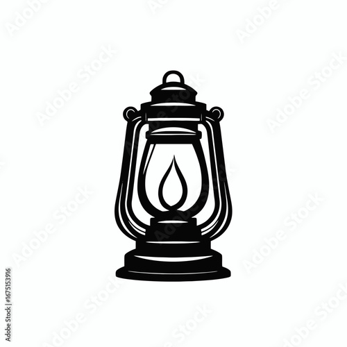Vintage camping black and white lantern with flame graphic vector silhouette