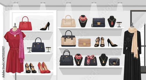 Elegant Boutique Display of Fashion Accessories and Women's Clothing on Shelves