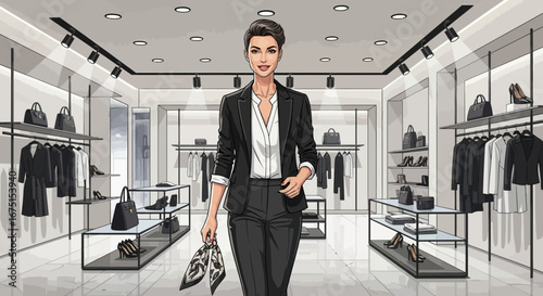 Elegant businesswoman in upscale boutique with premium fashion selections