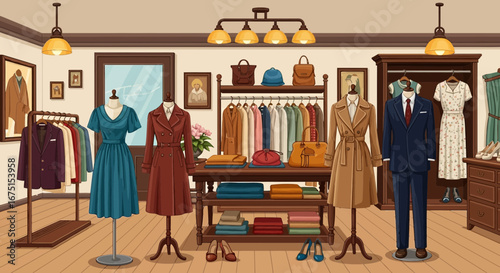 Elegant boutique interior featuring stylish clothing and accessories display