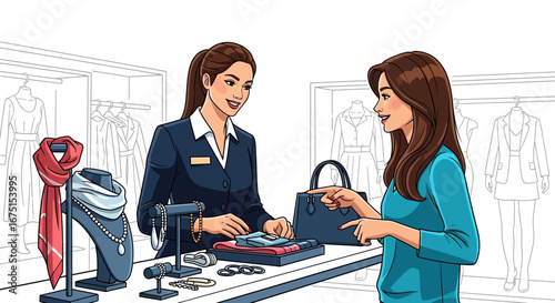 Elegant customer interacting with boutique sales representative, fashion retail