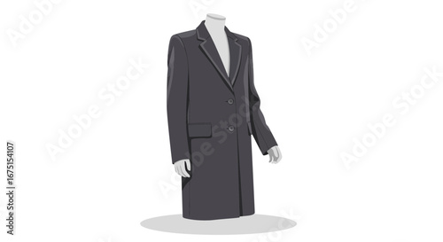 Elegant long coat showcased on a mannequin against a clean white canvas