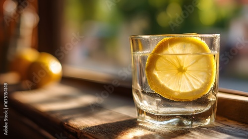 A close-up view of a glass of water with a bright, sunny lemon slice, illuminated by natural light filtering through a window.