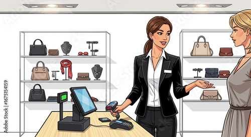 Elegant shopping experience illustration in a fashionable boutique interior