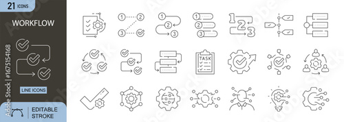 Workflow icons set. Includes process, steps, automation, tasks, and flowchart symbols. Editable stroke. Line icons. Perfect for business planning, management, and project design.