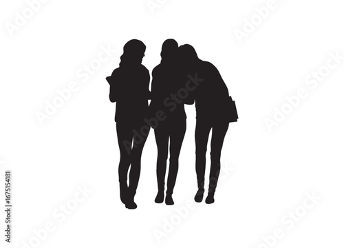 Silhouette of Three Friends: A minimalist silhouette of three female figures captures a timeless bond. Three friends stand close together, sharing a moment, evoking a sense of unity and friendship.