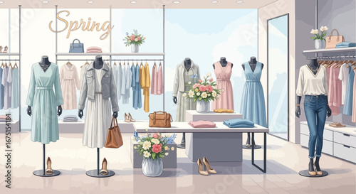 Elegant spring fashion showcased in a brightly lit boutique setting