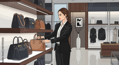Elegant woman selecting a handbag in a sophisticated boutique setting