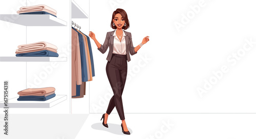 Elegant Woman Styling Outfit from Modern Wardrobe Illustration