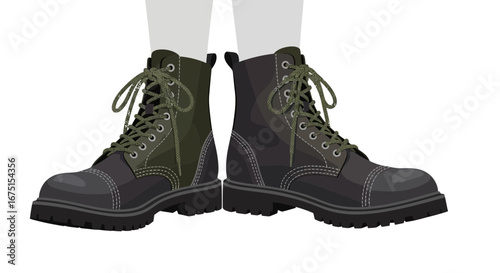 Elevated perspective of two retro-styled boots with laces on pure white