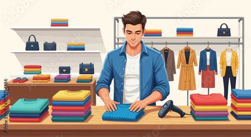 Expert clothing store employee arranging merchandise on display counter