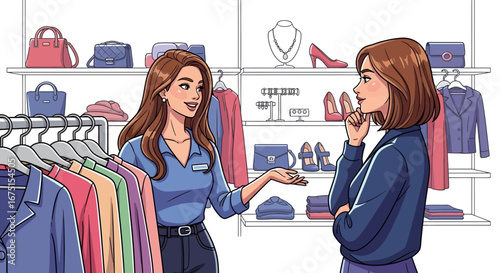Fashion consultation, woman getting advice from saleswoman in clothing shop