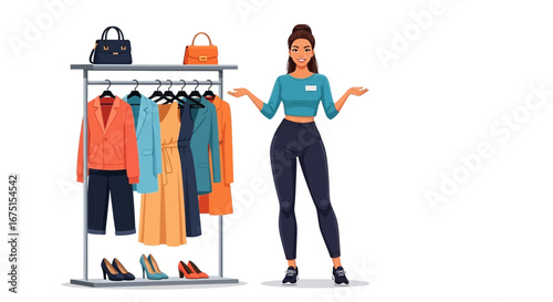 Fashion stylist presenting a diverse collection of outfits and accessories