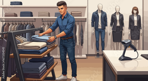 Fashion store scene with clothes arrangement and mannequin displays