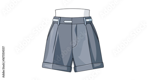 Fashionable illustration of blue pleated shorts with a modern style belt