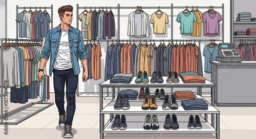 Fashionable Man Browsing Merchandise in a Clothing Retail Store with Racks