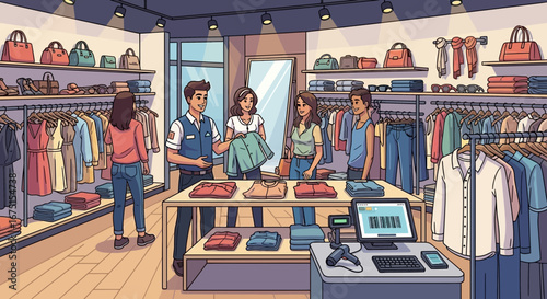 Illustrated apparel store with customers and employee at checkout counter