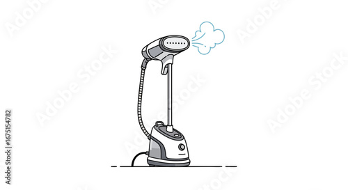 Illustration of a standing garment steamer appliance emitting steam