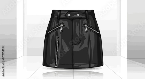 Illustration of a sleek black leather skirt with zipper details, fashion