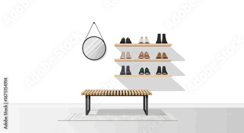 Minimalist entryway design with shoe racks, bench and mirror, home decor