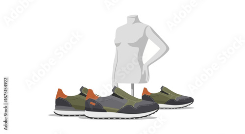 Modern fashion apparel display with stylish slip-on shoes and torso mannequin