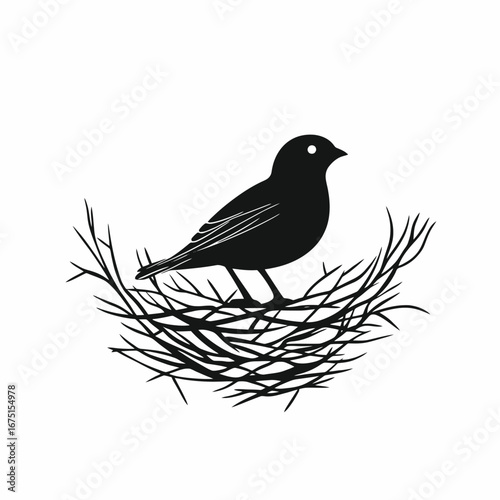 Charming bird perched delicately within its nesting branches, a black silhouette