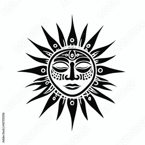 Mystical sun god with closed eyes, abstract, black and white silhouette