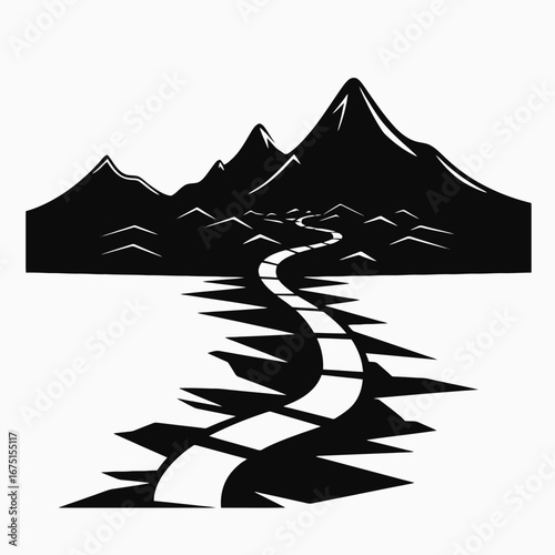 Winding mountain path between peaks in minimalist art style silhouette
