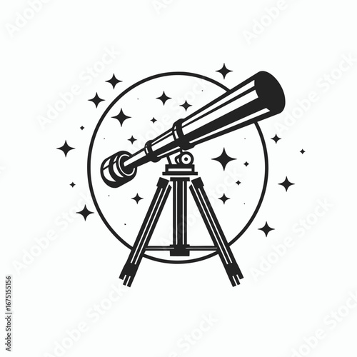 Elegant astronomical telescope observing stars monochrome vector science illustration silhouette
