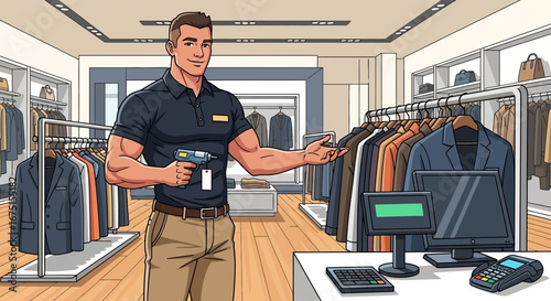 Smiling Salesman Presenting Stylish Men's Clothing Collection in Modern Boutique