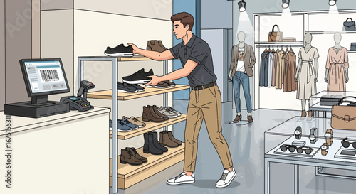 Stylish cartoon boutique scene with man arranging footwear on display shelves