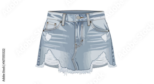 Stylish Distressed Denim Skirt Vector Illustration on White Background