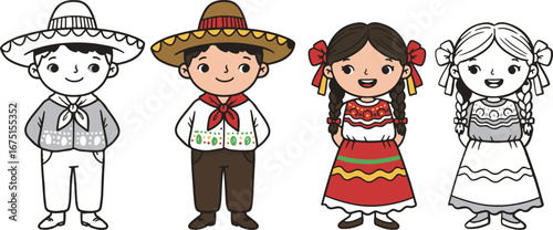 Cute Cartoon Mexican Boy and Girl in Traditional Clothing for Children Holiday Celebration. Mexican Independence Day