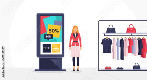 Stylish Female Shopper Near Digital Signage Displaying Sales Offers in Retail Store