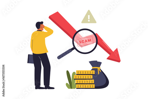 Investment Scam and Financial Fraud Illustration. A Man Discovering a Fake Investment Opportunity, Highlighting the Dangers of Online Scams and Financial Loss. Flat Vector Illustration