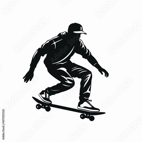 Stylish skater with a cap on the skateboard, vector illustration silhouette