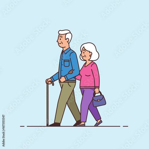 An Elderly Couple Enjoying a Stroll, Simple Illustration on a White Background