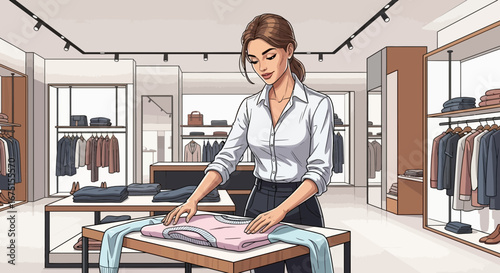 Stylish woman neatly folding garment in a fashionable boutique setting