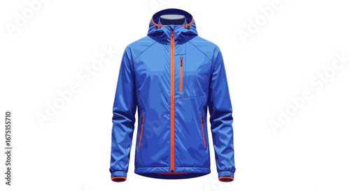 Stylized rendering of a water-resistant blue jacket for outdoor activities