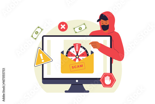 Lottery Scam and Online Fraud Illustration. A Hacker Deceiving a User with a Fake Prize Notification, Highlighting the Dangers of Online Scams and Digital Deception. Flat Vector Illustration