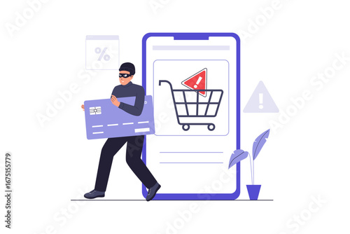 Online Shopping Fraud and E-commerce Scam Illustration. A Hacker Stealing Items from a Shopping Cart, Highlighting Cybercrime Threats. Flat Vector Illustration