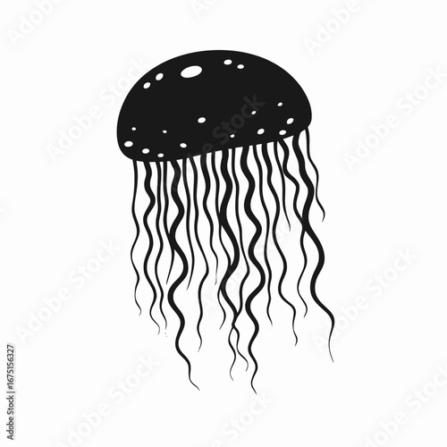 Minimalist floating jellyfish with spots and tentacles in black silhouette
