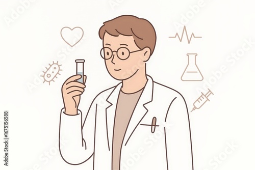A scientist in a lab coat attentively examines a test tube filled with a substance, surrounded by scientific icons.