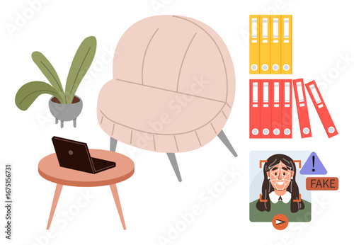 Armchair and table with a laptop, plant, colorful folders, and a fake media content warning screen. Ideal for productivity, workplace setup, media literacy, organization, remote work misinformation